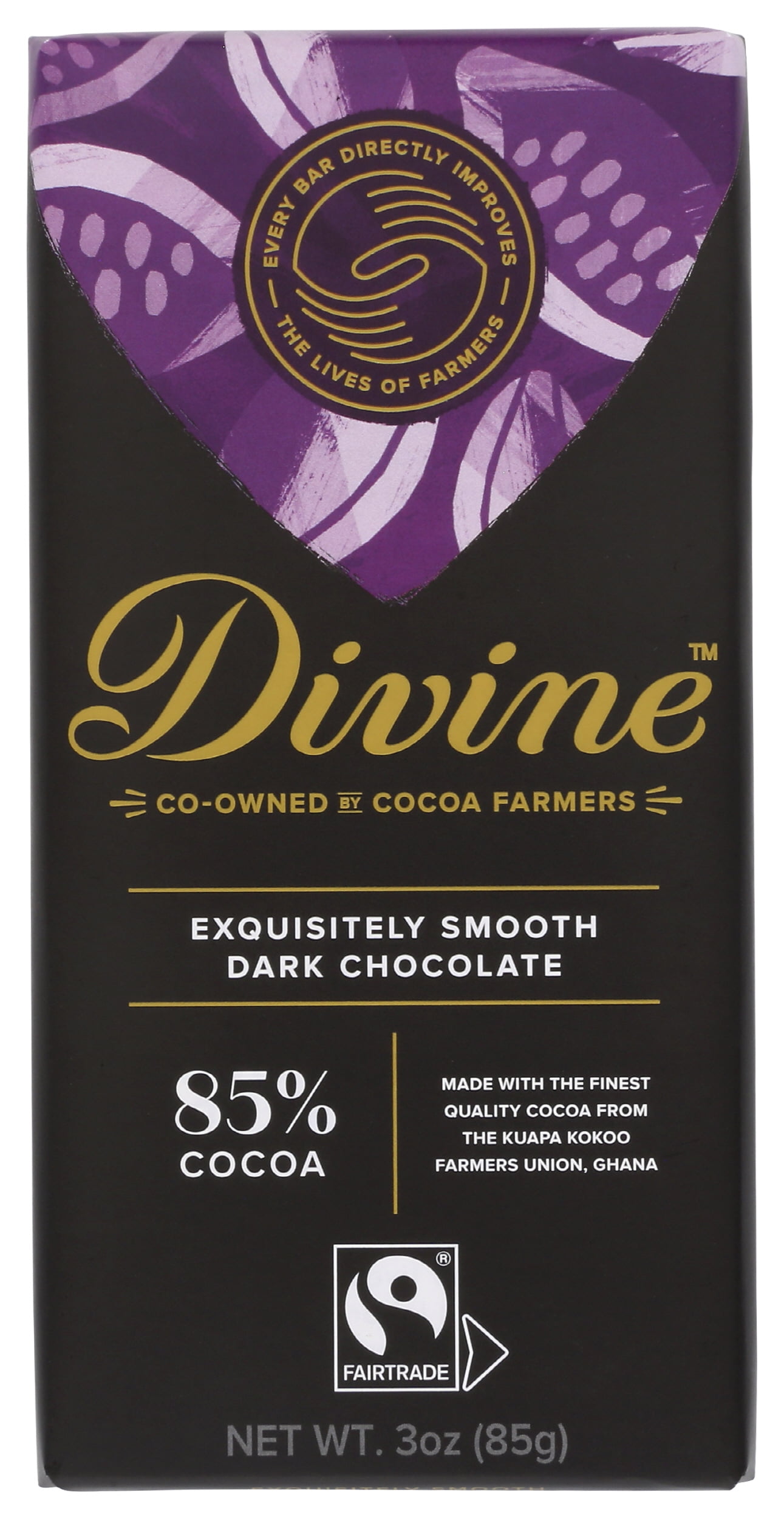 Pack of 12, Divine Chocolate 85% Exquisitely Smooth Dark Chocolate, 3 oz