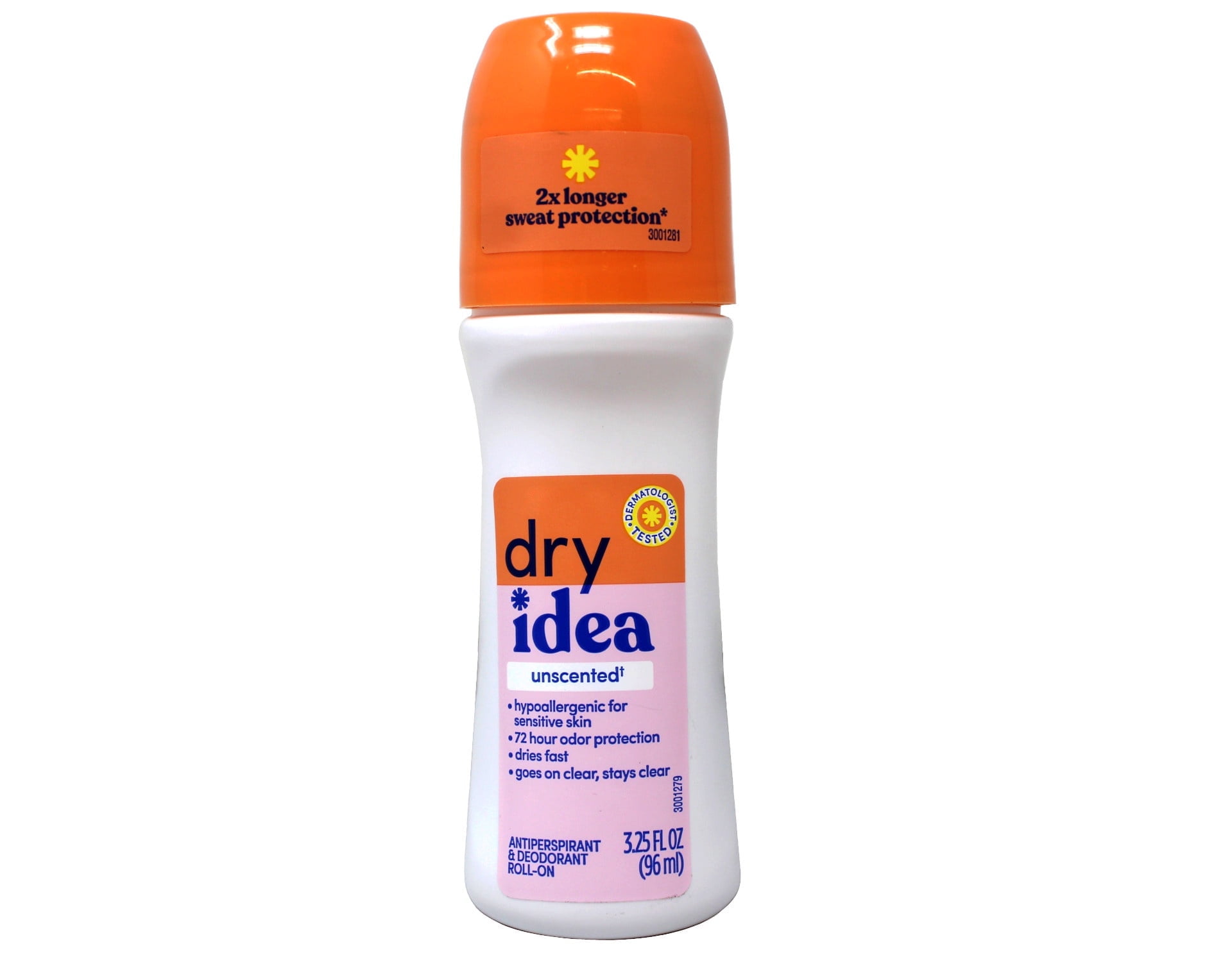 Dry Idea Antiperspirant & Deodorant Roll-On Unscented, Hypoallergenic for Sensitive Skin, 72 Hour Odor Protection, 3.25 fl oz (Pack of 12)
