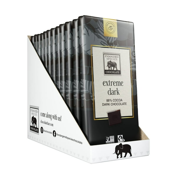 (Pack of 12) Endangered Species 88% Cocoa Extreme Dark Chocolate Bars, 3 oz