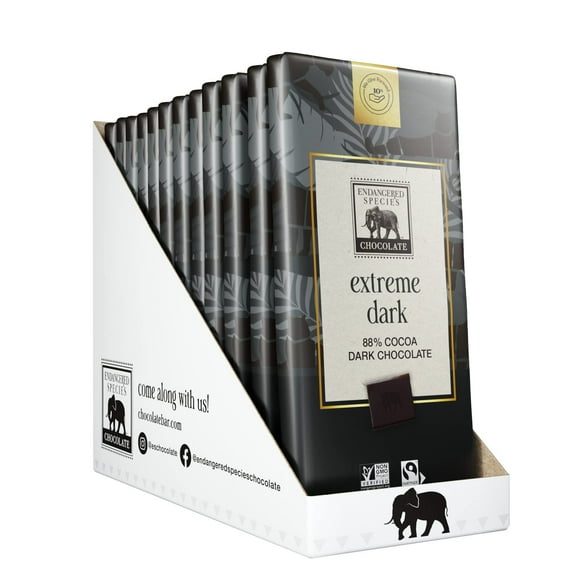 (Pack of 12) Endangered Species 88% Cocoa Extreme Dark Chocolate Bars, 3 oz