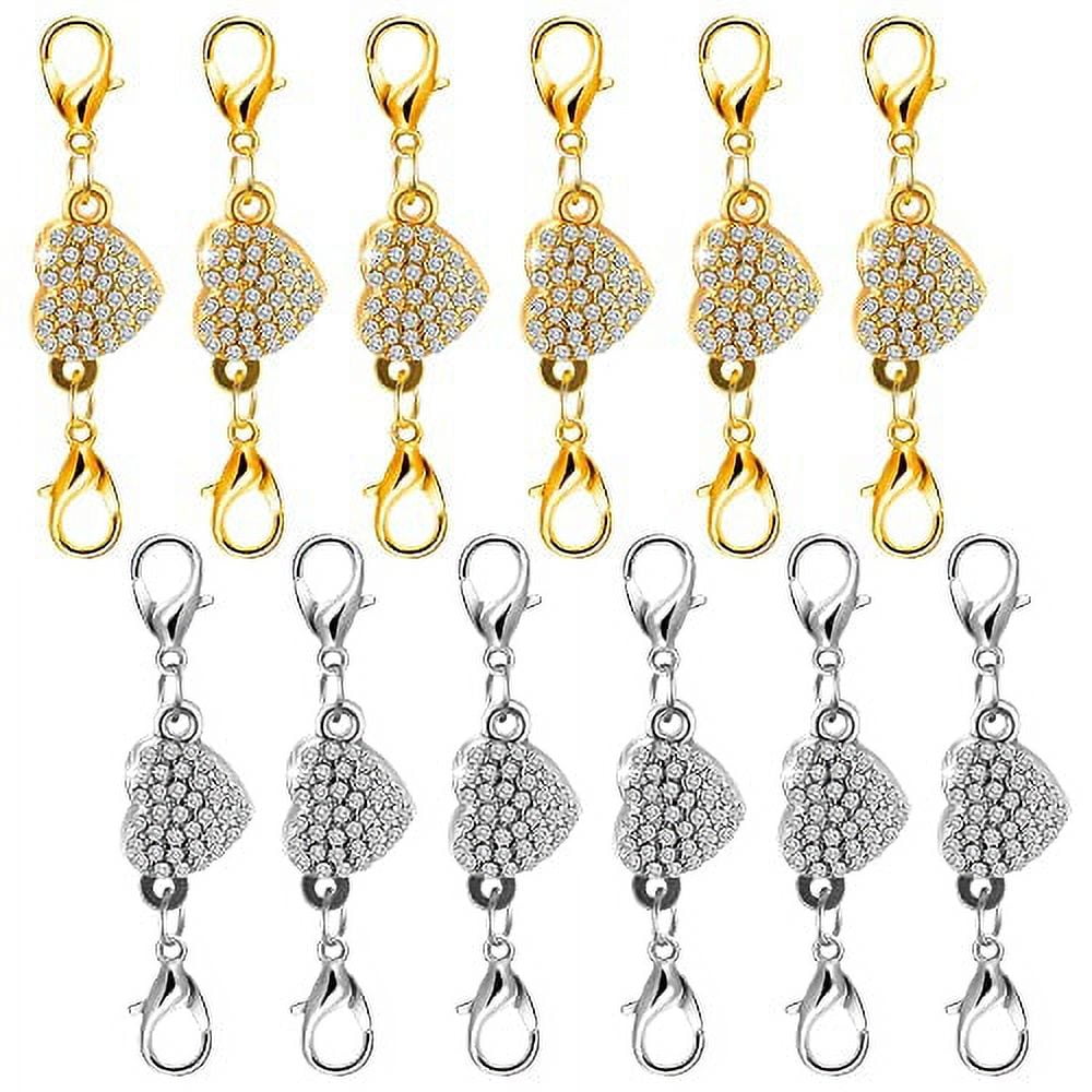 Pack of 12 Gold and Silver Color Magnetic Lobster Clasps for Jewelry. Strong Magnet Accessory for Necklace, Bracelet. DIY Friendly. (Heart)
