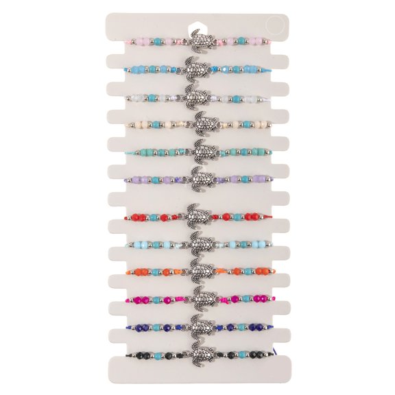 Pack of 12 Handmade Turtles Theme Adjustable Braided Bracelets with Alloy Turquoise Crystal Beads for Women and Men