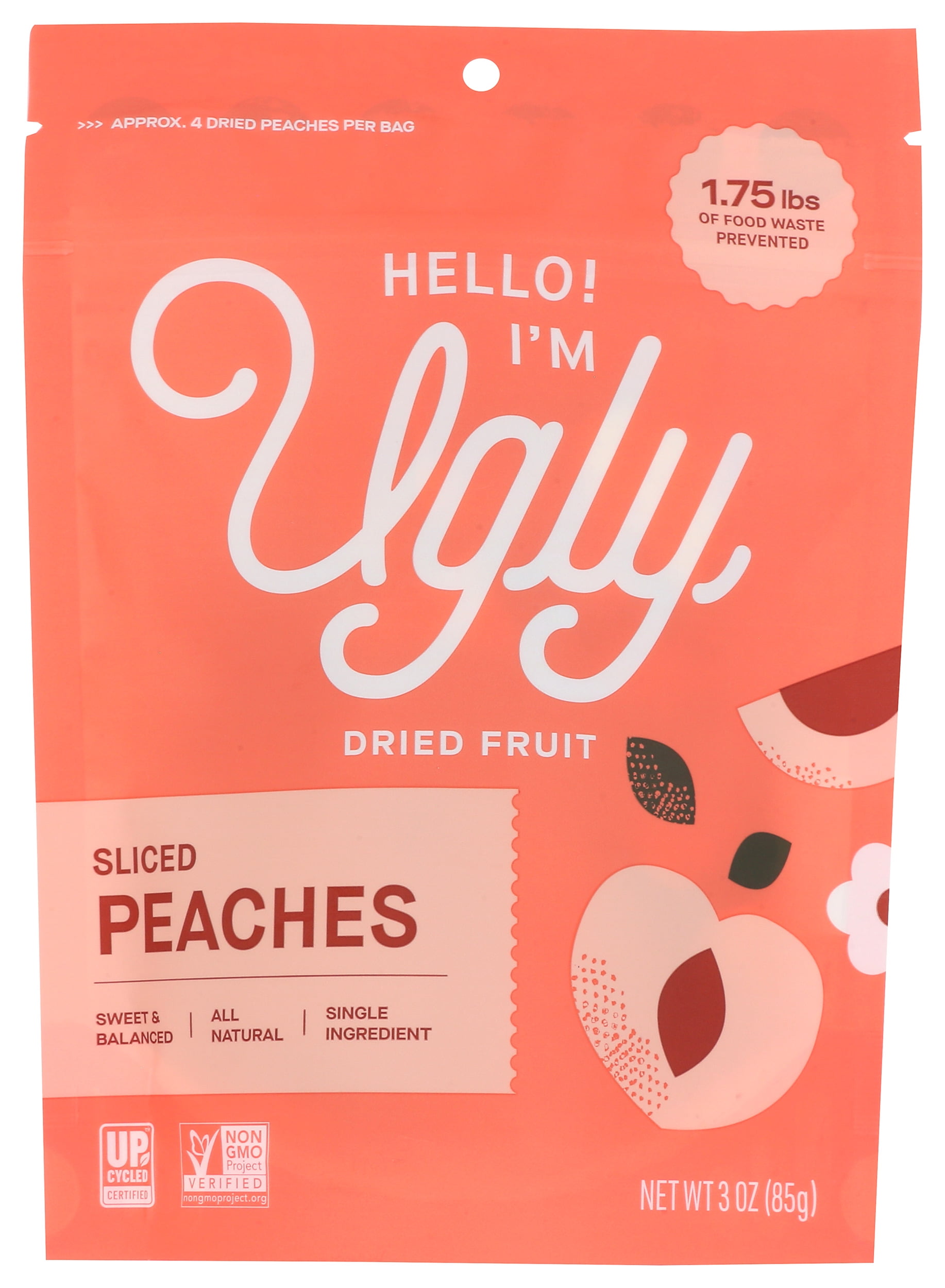 Pack of 12, Hello Im Ugly Dried & Diced Peaches, 3 oz