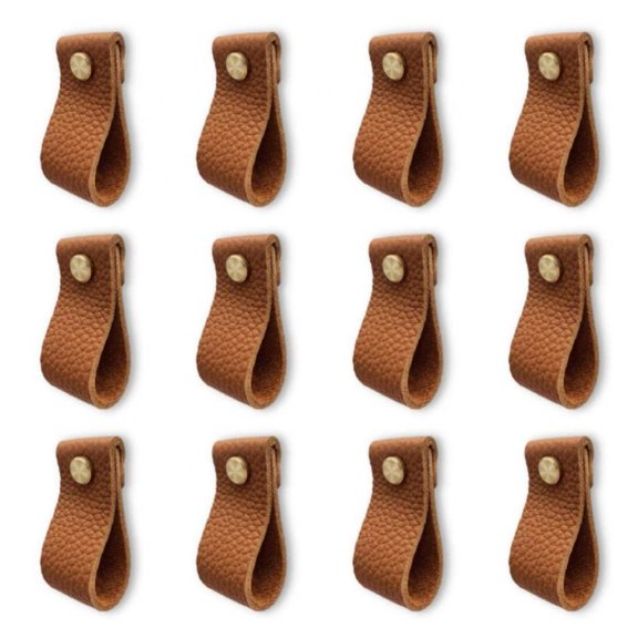 Pack of 12 Leather Drawer Pulls for Dresser - Brown Genuine Leather Cabinet Pulls for Replacement of Traditional Knobs