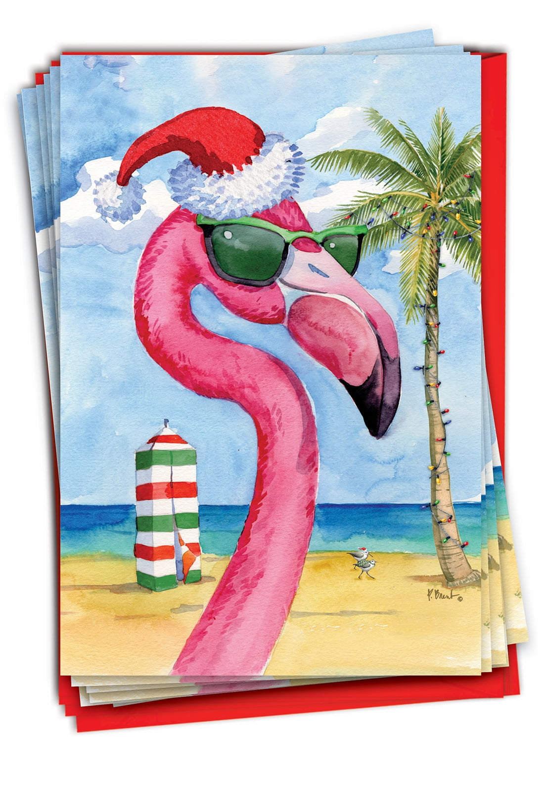 Pack of 12 Merry Christmas Greeting Cards (1 Design, 12 Cards) - Holiday Beach Animals Flamingo C8846EXSG-B12x1