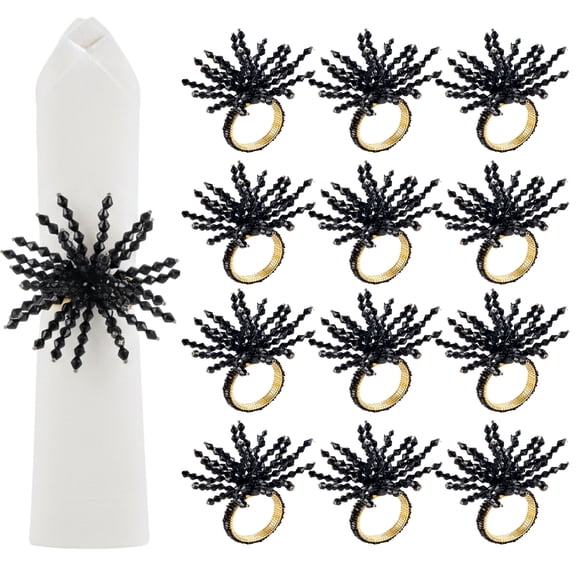 Set of 12 Iron Glass Bead Napkin Rings - Stylish Round Holders for Holiday Dining Table (Black)