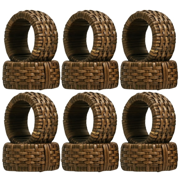 Set of 12 Handcrafted Napkin Rings - Plastic & Cane Round Napkin Holders for Dining Table Décor (Rustic Walnut)