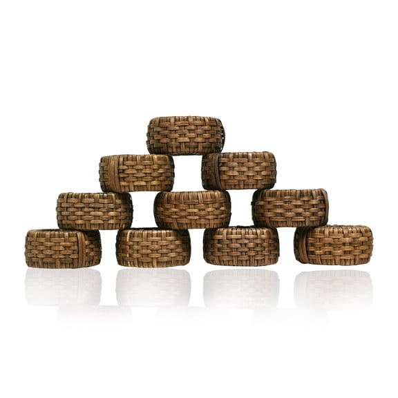 Set of 12 Handcrafted Napkin Rings - Plastic & Cane Round Napkin Holders for Dining Table Décor (Rustic Walnut)