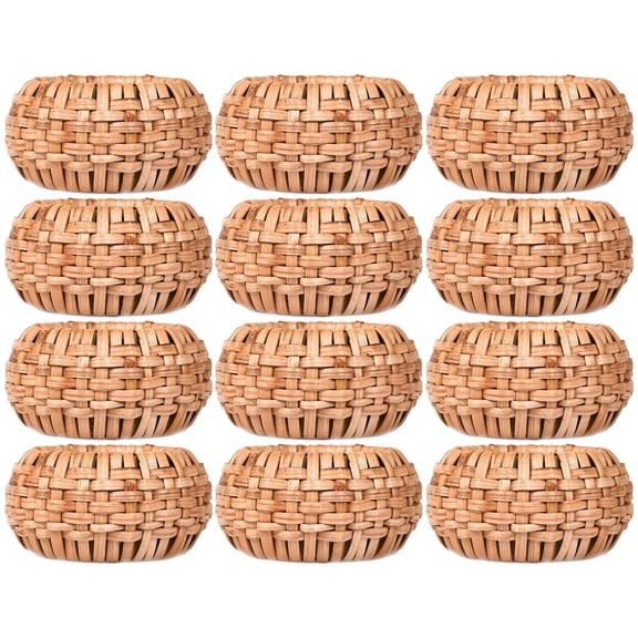 Set of 12 Handcrafted Napkin Rings - Plastic & Cane Round Napkin Holders for Dining Table Décor (Basket Brown)