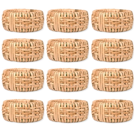 Set of 12 Handcrafted Napkin Rings - Plastic & Cane Round Napkin Holders for Dining Table Décor (Rustic Rattan)