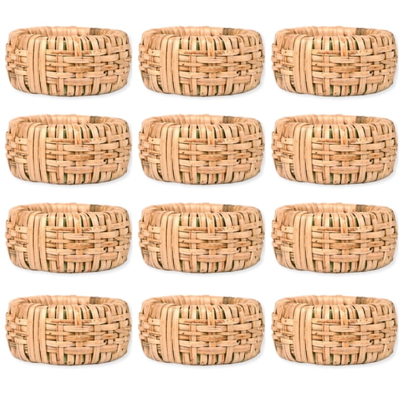 Set of 12 Handcrafted Napkin Rings - Plastic & Cane Round Napkin Holders for Dining Table Décor (Rustic Rattan)