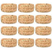 Set of 12 Handcrafted Napkin Rings - Plastic & Cane Round Napkin Holders for Dining Table Décor (Rustic Rattan)