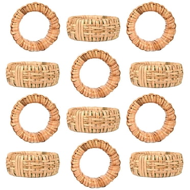 Pack of 12 Napkin Rings for Party Décor - Plastic & Cane Napkin Holder (Round - Tan Brown)