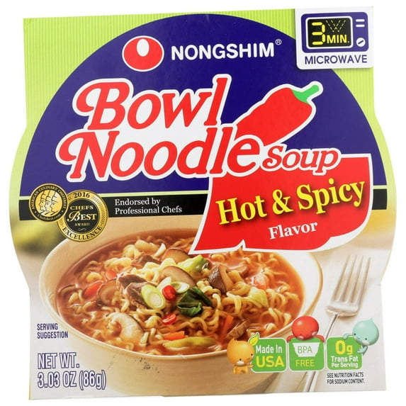 Pack of 12, Nong Shim Hot & Spicy Ramyun Bowl Noodles, 3.03 oz