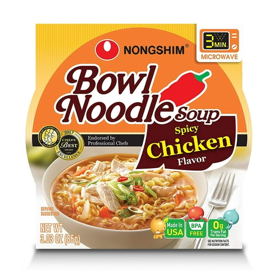 Pack of 12, Nong Shim Spicy Chicken Bowl Noodle Soup, 3.03 oz