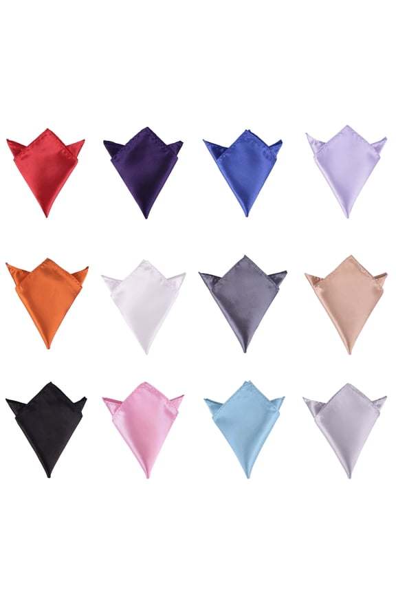 Satin Pocket Squares for Men, 12-Pack Solid Colors, 8.5 x 8.5 in