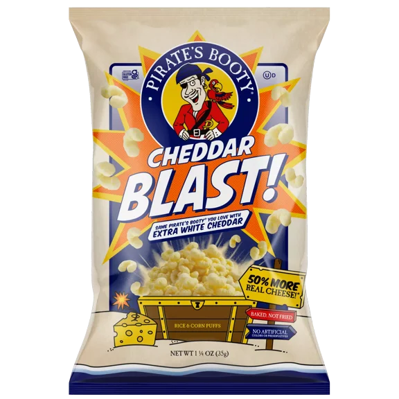 Pack of 12, Pirate's Booty Cheddar Blast Rice & Corn Puffs, 1.25 oz