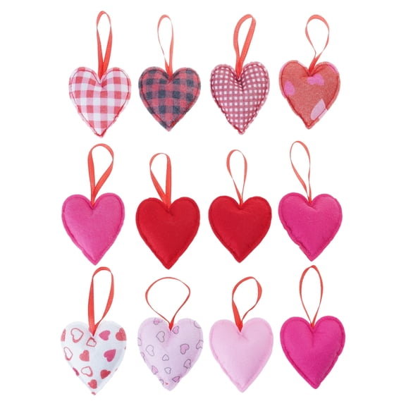 Pack of 12 Plaids Check Fabric Heart Shape Hanging Ornaments Pendants for Valentines Day Wedding Decors Party Supplies
