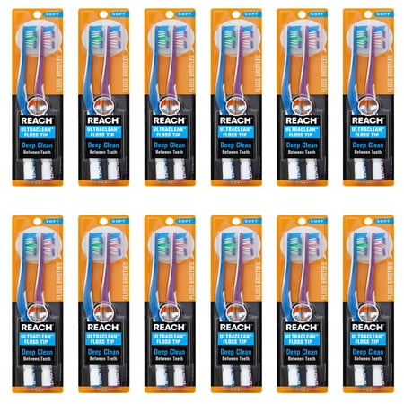 Pack of (12) Reach Toothbrush, Ultra Clean Floss Tip, Soft, (Total 24 Qty)