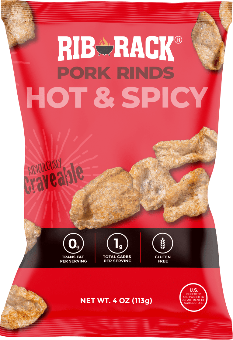 Pack of 12, Rib Rack Hot & Spicy Pork Rinds, 4 oz