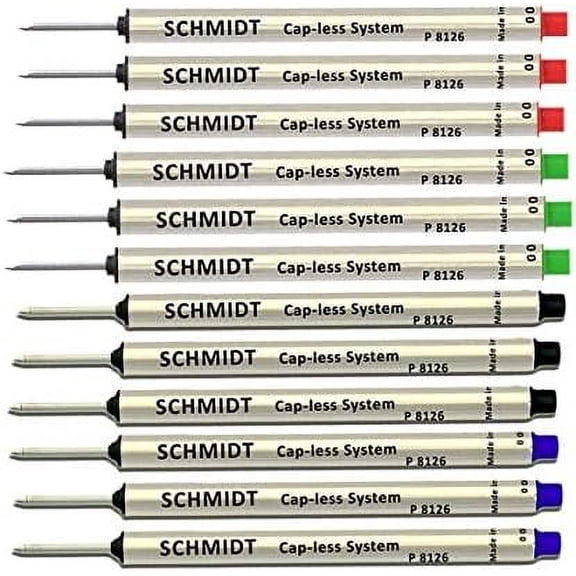 Pack of 12 - Schmidt P8126 Capless System Rollerball Refill Green/Red/Black/Blue Fine Tip$$Office