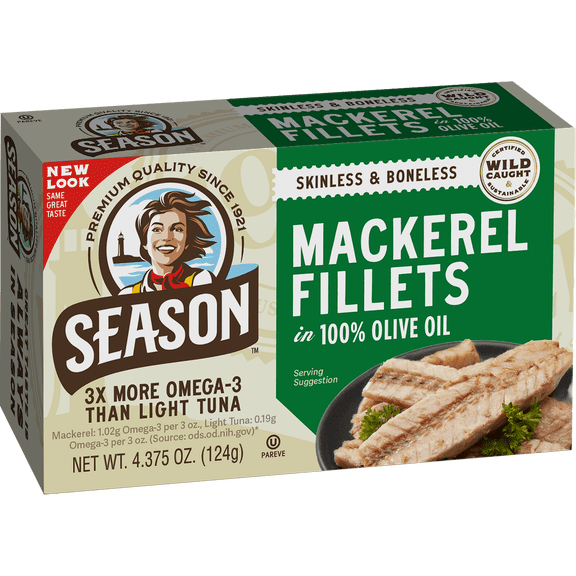 Pack of 12, Seasons Skinless & Boneless Mackerel Fillets in Olive Oil, 4.375 oz