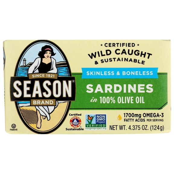 Pack of 12, Seasons Skinless & Boneless Sardines in Olive Oil, 4.375 oz