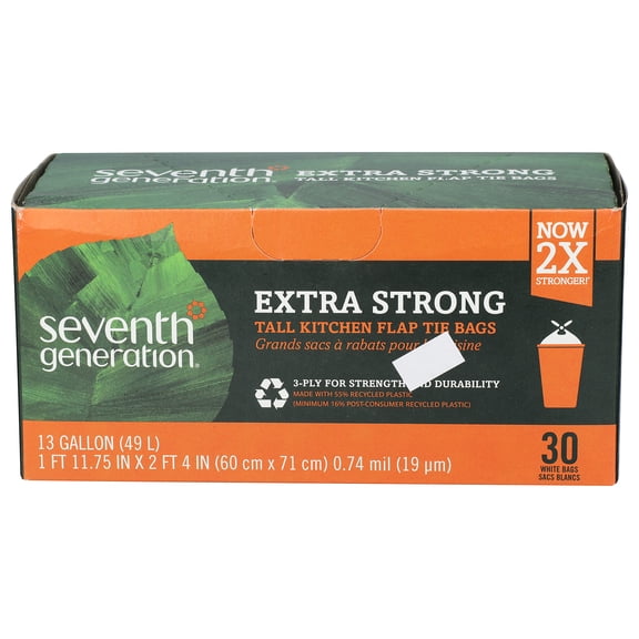 Pack of 12, Seventh Generation Tall Kitchen Flap Tie Bags, 30 pc