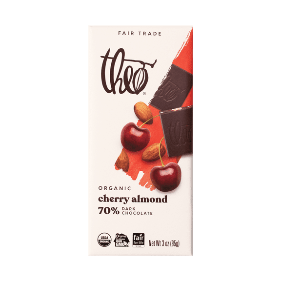 Pack of 12, Theo Chocolate Cherry Almond 70% Dark Chocolate Bar, 3 oz