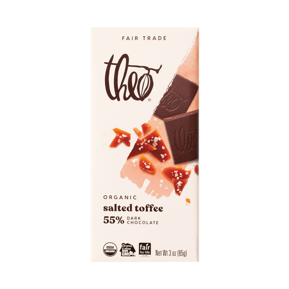 Pack of 12, Theo Chocolate Salted Toffee 55% Dark Chocolate Bar, 3 oz