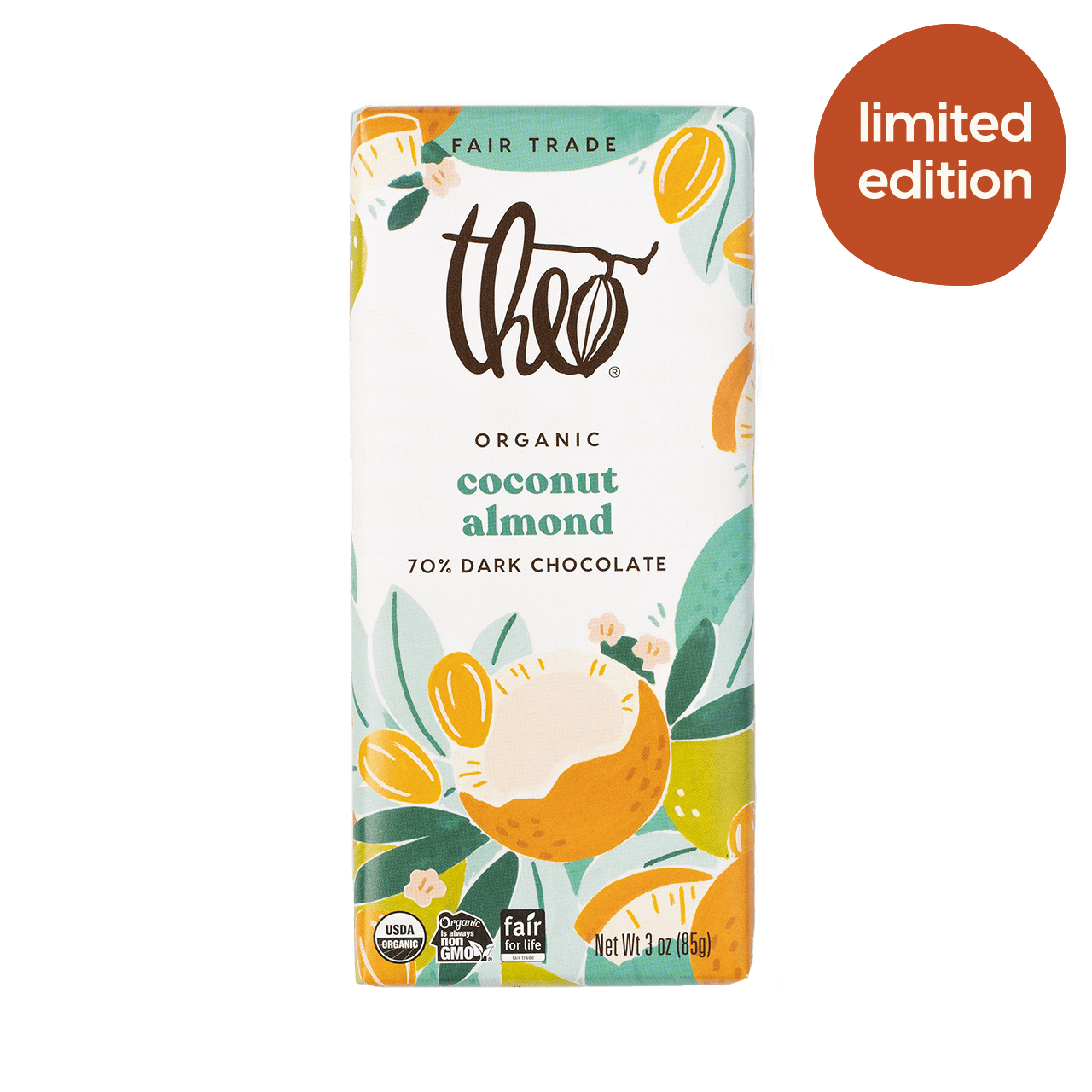 (Pack of 12), Theo Organic Coconut Almond Dark Chocolate Bar, 3 oz