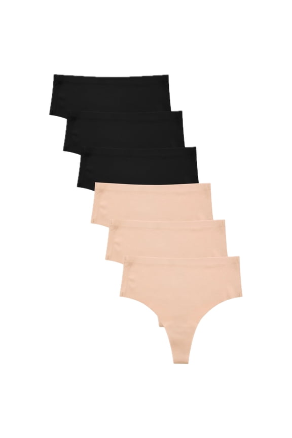 Pack of 12 Women's High Waist No-Show Thongs – Black & Nude (Large)