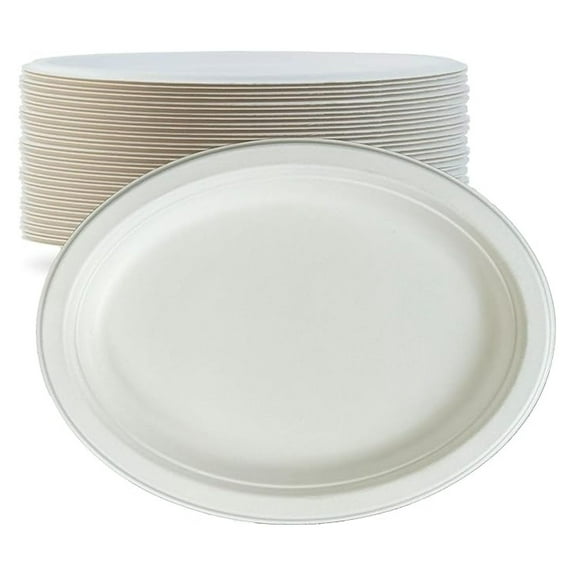 Pack of 125 Oval Plates Biodegradable Sugarcane Plates Microwavable Heavy Duty Large Plates (12.5 x 10 inch), White, B101CW-P