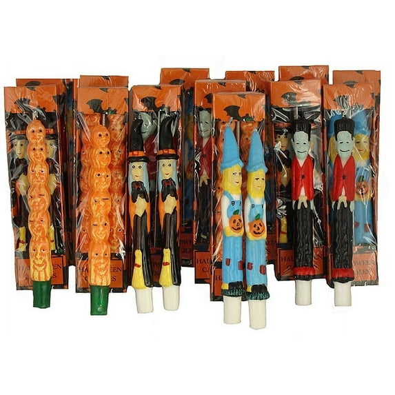 Pack of 144 Halloween Witch, Scarecrow, Pumpkin and Frankenstein Taper Candles 9"