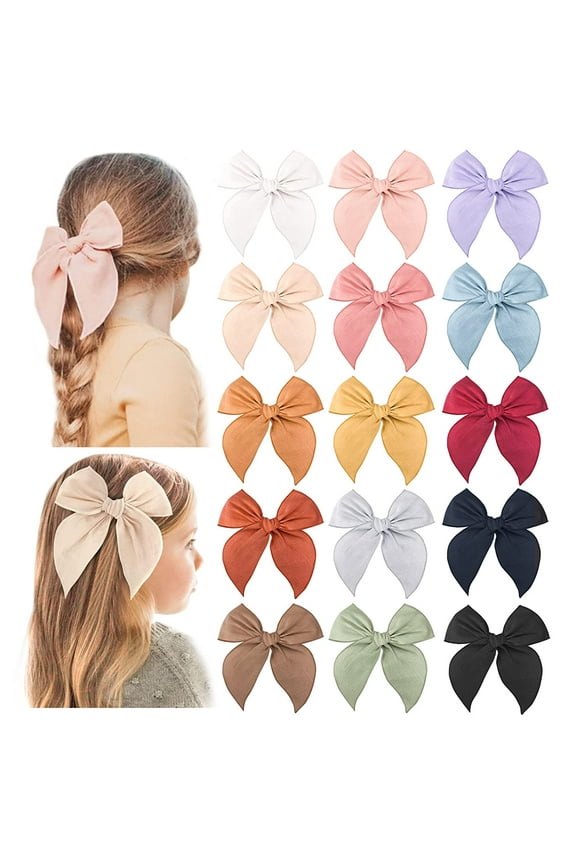 Pack of 15 Fable Girls Hair Bows Cotton Linen Alligator Hair Clips or Little Girls Toddlers Kids Neutral Handmade Hair Accessories