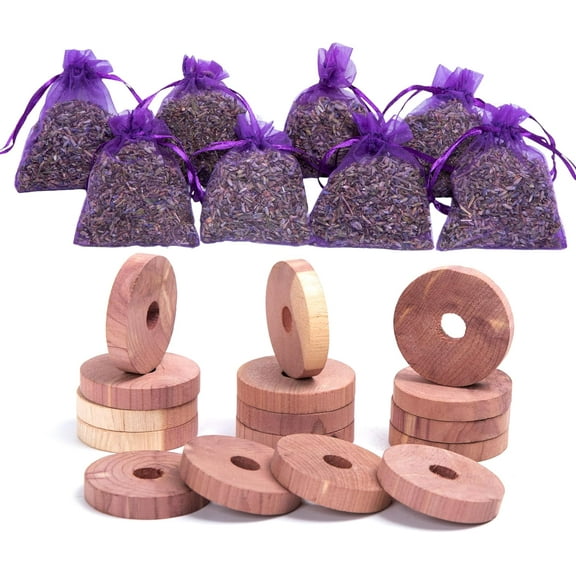 Pack of 16 Cedar Blocks and 8 Lavender Flower Sachets Craft Bag, Drawer Freshener, Linen, Shower Favor, Wedding and More, LV-E-LC-1