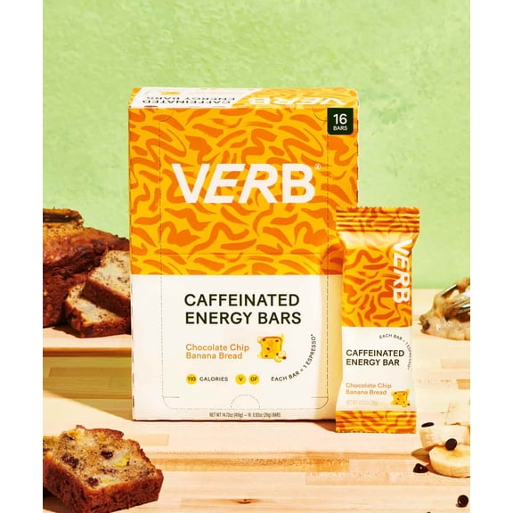 (Pack of 16), Verb Caffeinated Energy Bar - Chocolate Chip Banana Bread, 0.92 oz