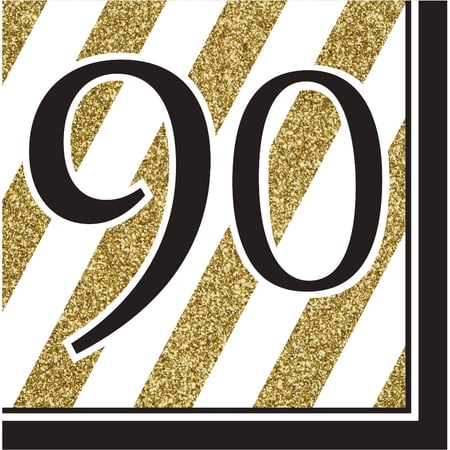 Pack of 192 Gold and White Striped with Black "90" and Border 2-Ply Party Lunch Napkins