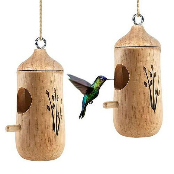 [Pack of 2] 2 Packs Humming Bird Houses for Outside Wooden Hanging Bird Nest Feeder Hand Patio Garden Craft Ornament Decoration