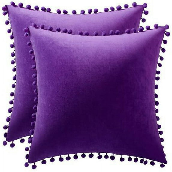 Pack of 2 20''x20'' Decorative Throw Pillow Covers with Pom Poms Soft Square Velvet Pillow Case for Couch Sofa Bedroom Purple