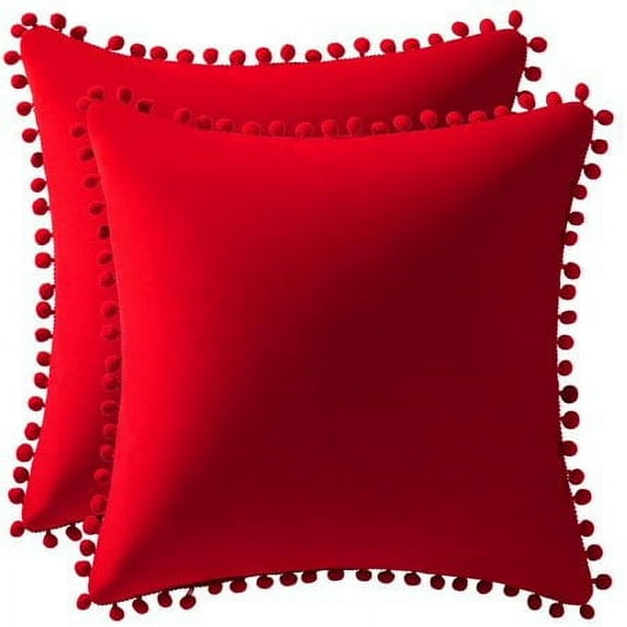 Pack of 2 20''x20'' Decorative Throw Pillow Covers with Pom Poms Soft Square Velvet Pillow Case for Couch Sofa Bedroom Red