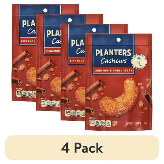 Pack of 2 (4 pack) PLANTERS Cashews Cinnamon & Brown Sugar, Party Snacks, 5 oz Bag