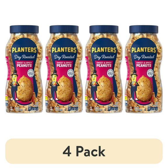 Pack of 2 (4 pack) PLANTERS Sweet and Spicy Peanuts, Party Snacks, Plant-Based Protein, 16 oz Jar