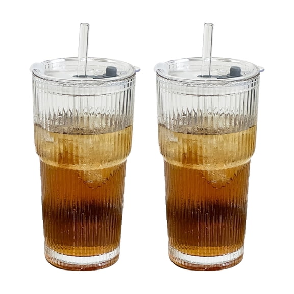 Pack of 2 600ml Two Wall Glass Cups with Lid and Straw , Practical Cold Drink Container for Coffee Juices Teas
