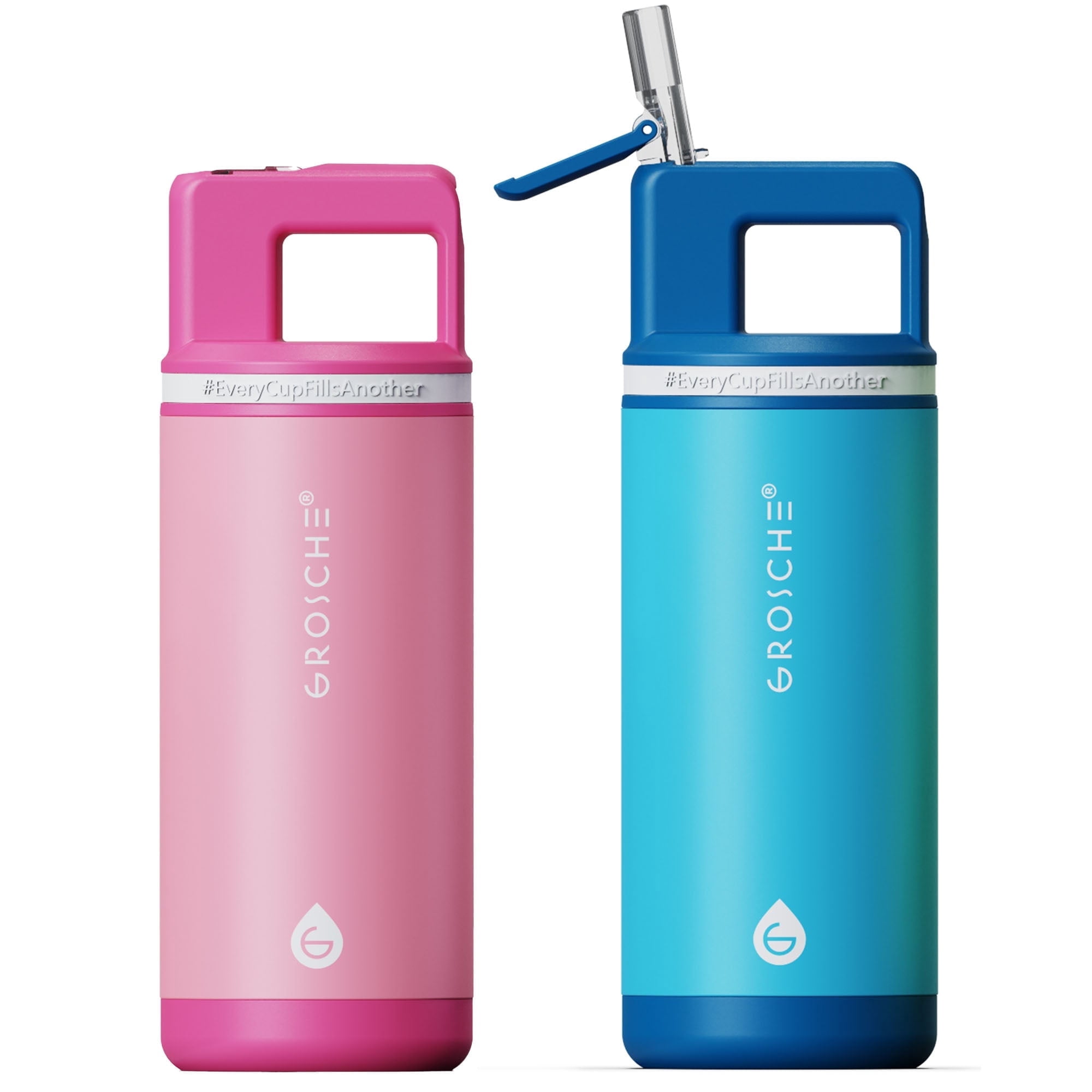 Pack of 2: ALPINE Flip 'N Sip Kids Insulated Water Bottle With Straw - 16oz Kids Water Bottle - Pink + Blue