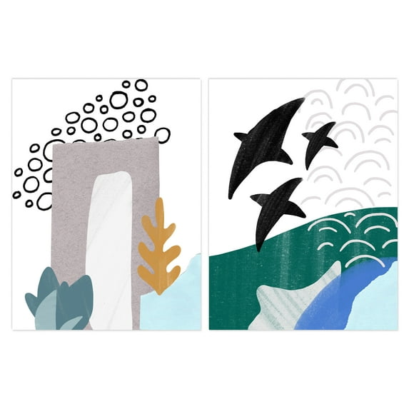Pack of 2 Abstract Underwater Aquatic Landscape Flying Fish Pastel Colour Naive Unframed Wall Art Living Room Prints Set