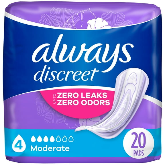 Pack of 2 Always Discreet Incontinence Pads - 4 Moderate for Bladder Leaks, 20 ct (Package May Vary)