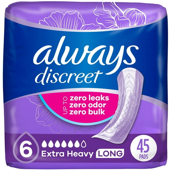 Pack of 2 Always Discreet Incontinence & Postpartum Pads - 6 Extra Heavy Long, 45 ct (Package May Vary)