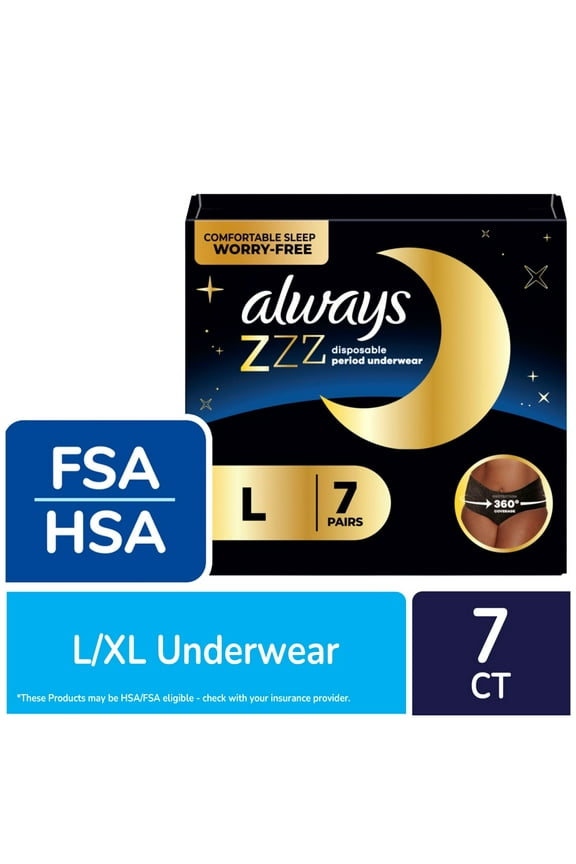 Pack of 2 Always ZZZ Disposable Period Underwear Overnight Absorbency Size L/XL, 7 count (Package May Vary)