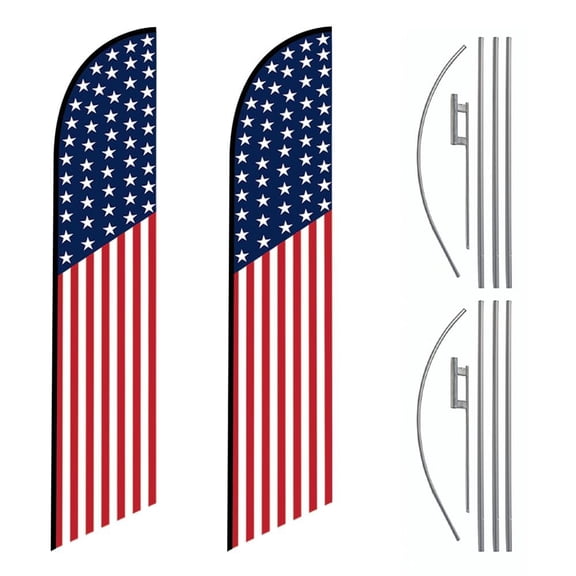 Pack of 2 - American US Banner Flag 50 Stars on Top Swooper Outdoor Feather Flags with 15ft Pole Kit and Ground Spike